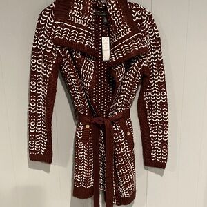 White House Black Market Maroon and White sweater wrap coat